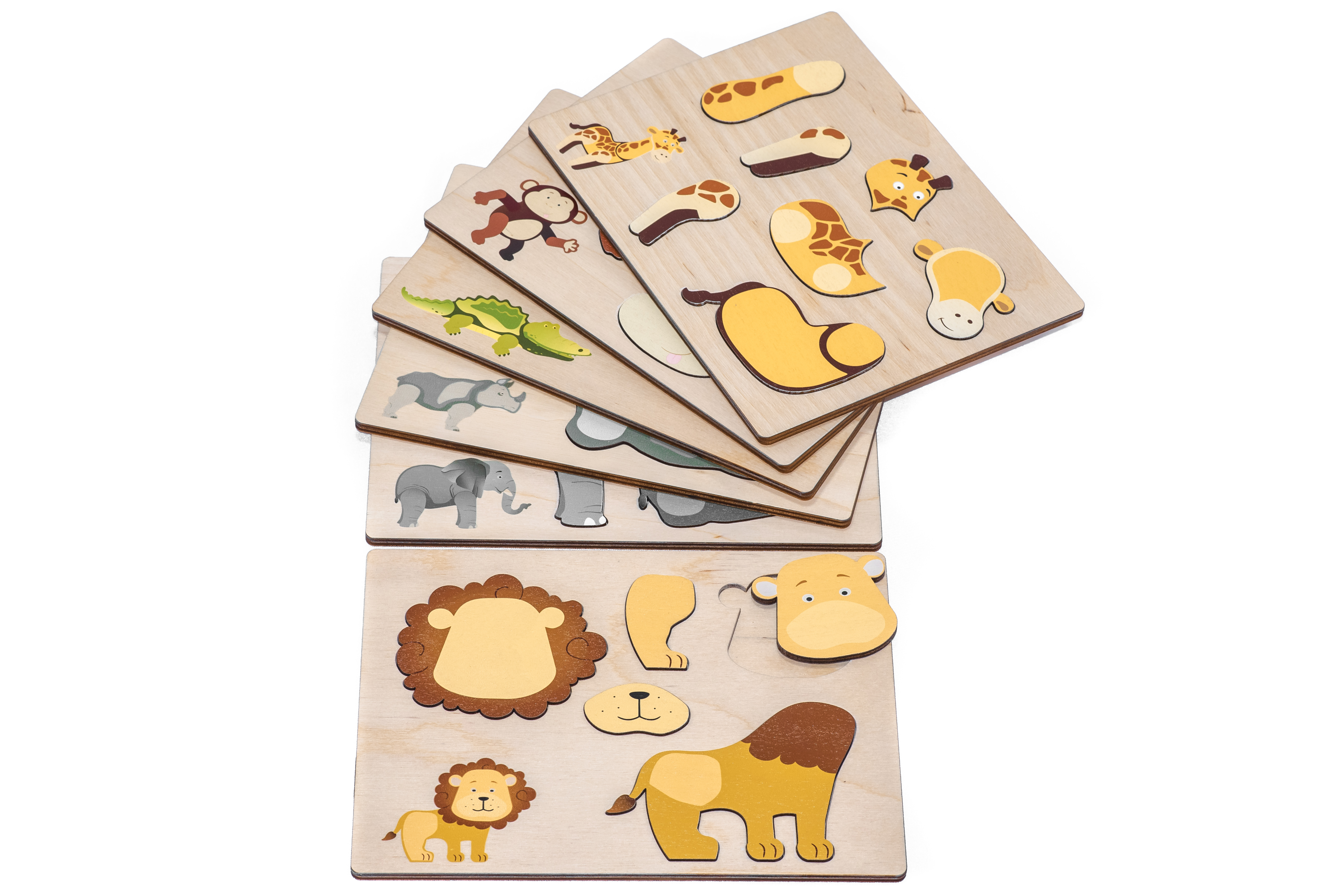 Magnetische Holzpuzzles für Kinder - Wildtiere Löwe Affe Giraffe Elefant