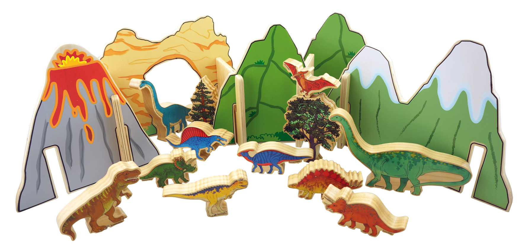 Dinosaurier aus Holz - Dinowelt Holzspiel Dinosaurier Landschaft für Kinder