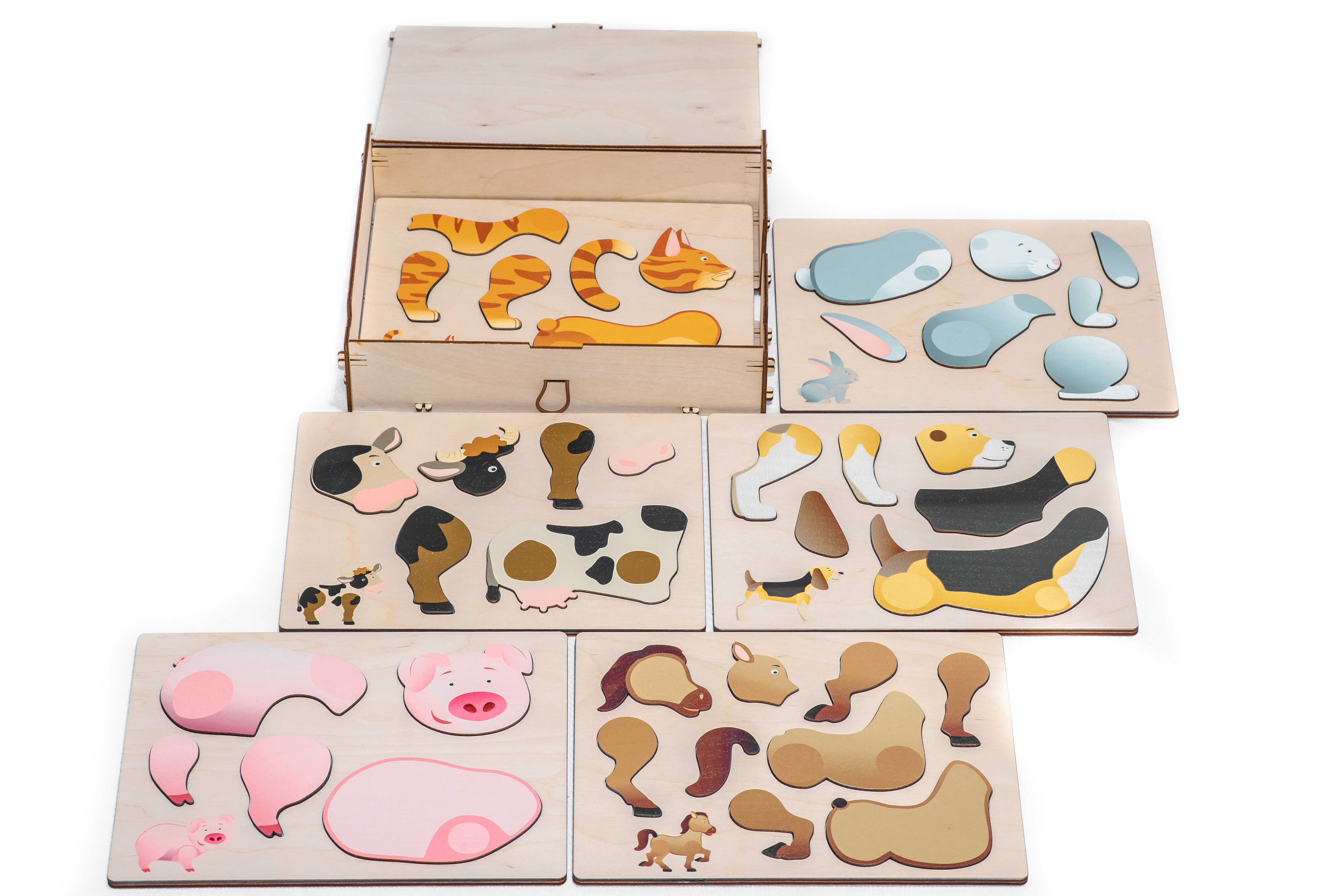 Magnetische Holzpuzzles für Kinder inkl. Holzbox Schwein Huhn Pferd Kuh
