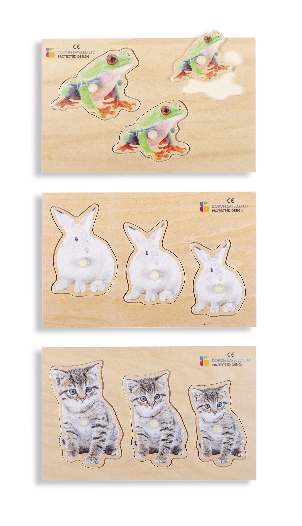 Holzpuzzle Größe & Tiefe 3er Set (Hase, Frosch, Katze)