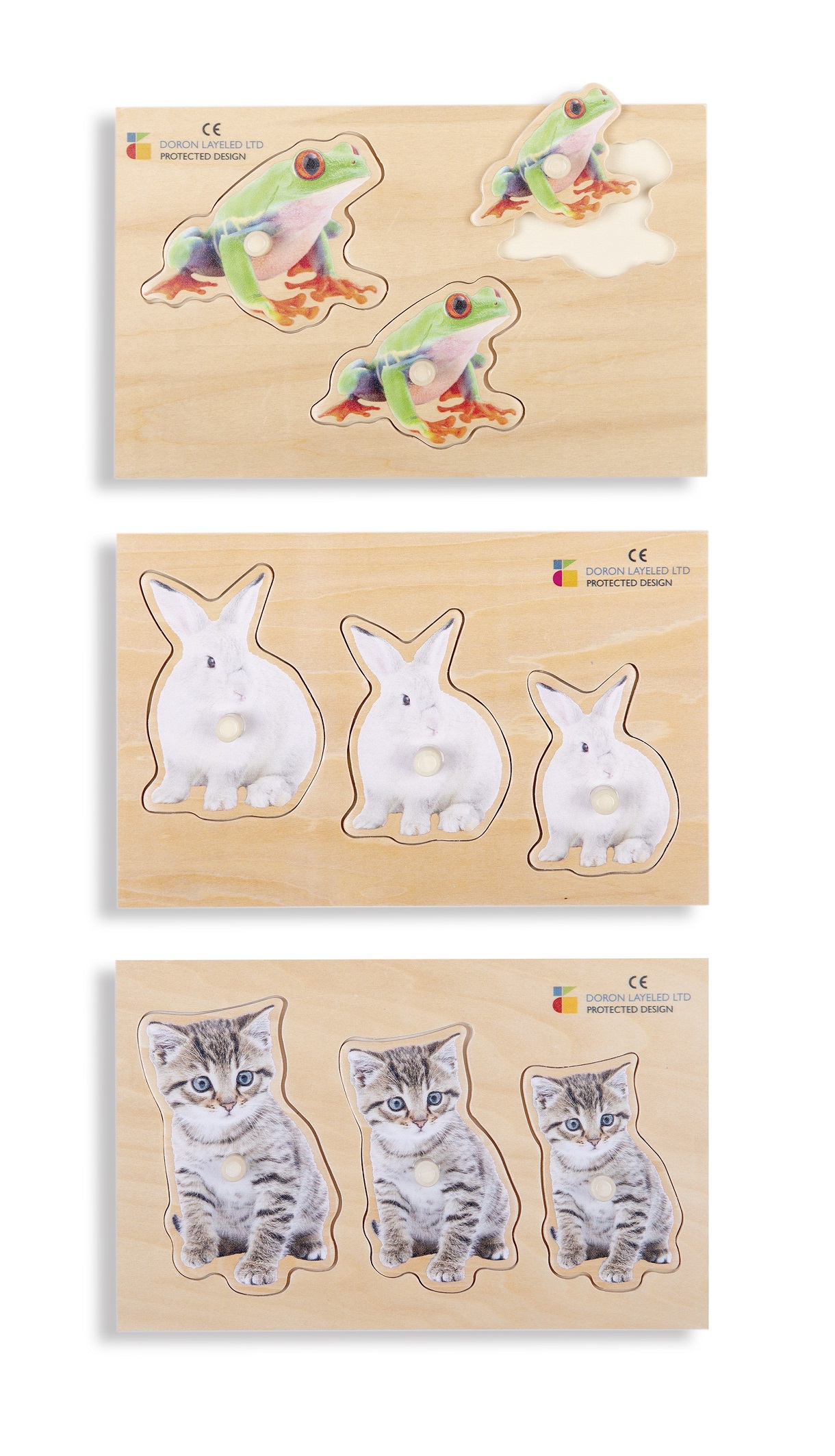 Holzpuzzle Größe & Tiefe 3er Set (Hase, Frosch, Katze)