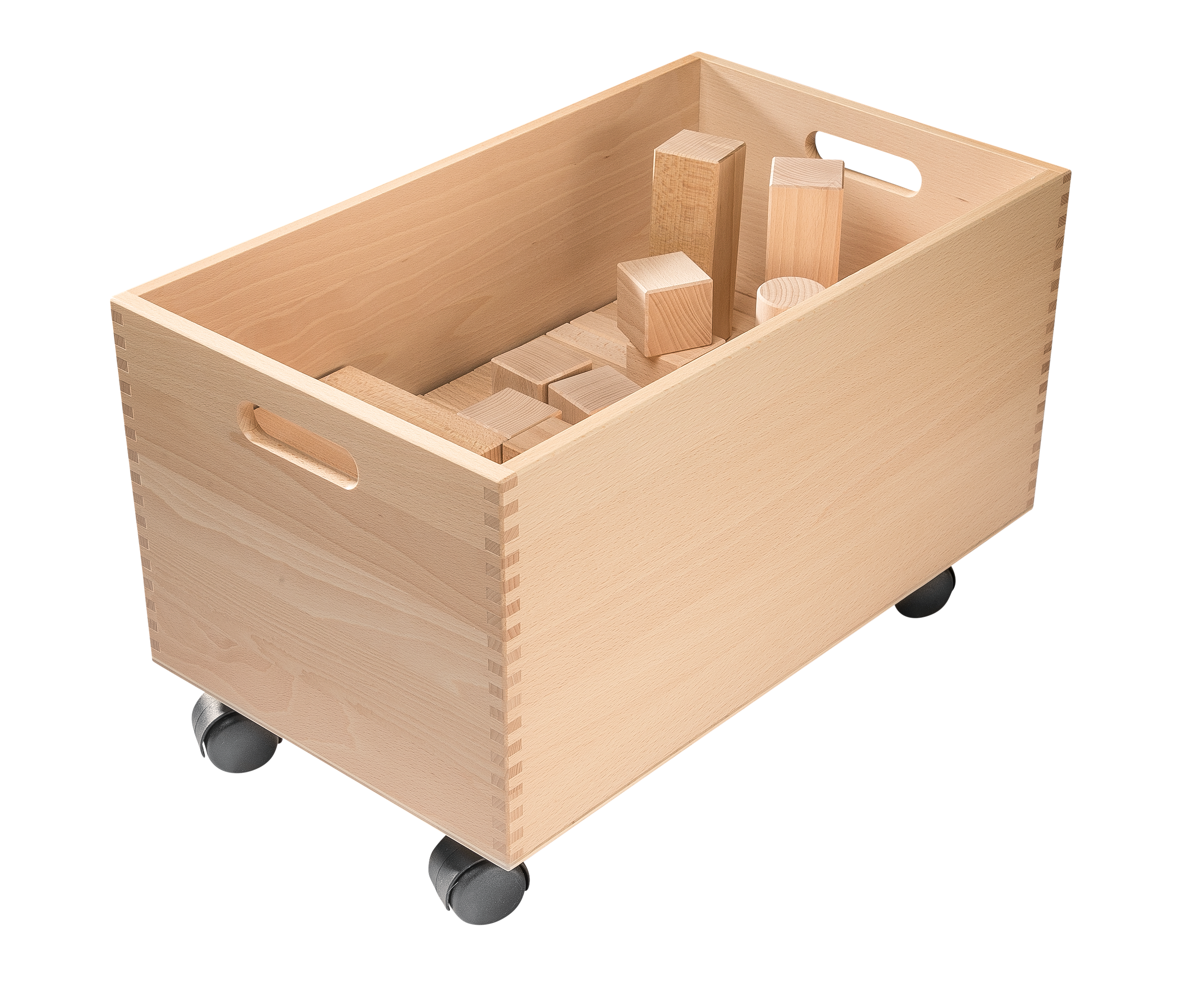 Kiste mit Holzbausteinen Kiste für Bausteine auf Rollen mit Deckel